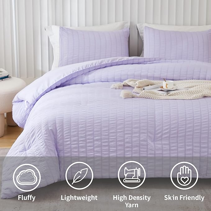 AveLom Lavender Purple Seersucker Full Comforter Set(80x90 inches), 3 Pieces-100% Soft Washed Microfiber Lightweight Comforter with 2 Pillowcases, All Season Down Alternative Comforter Set for Bedding