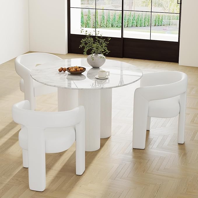 Modern Barrel Dining Chairs Set of 3, PU Leather Upholstered Accent Side Chair with Arms Comfy Makeup Vanity Chairs, Dining Living Room Kitchen Chairs, White