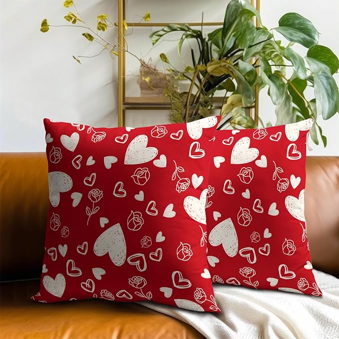 Valentines Pillow Cover - Red Hearts Throw Pillow Covers 20x20 Set of 2 Rose Flower Decorative Pillowcases for Couch Sofa Bedroom