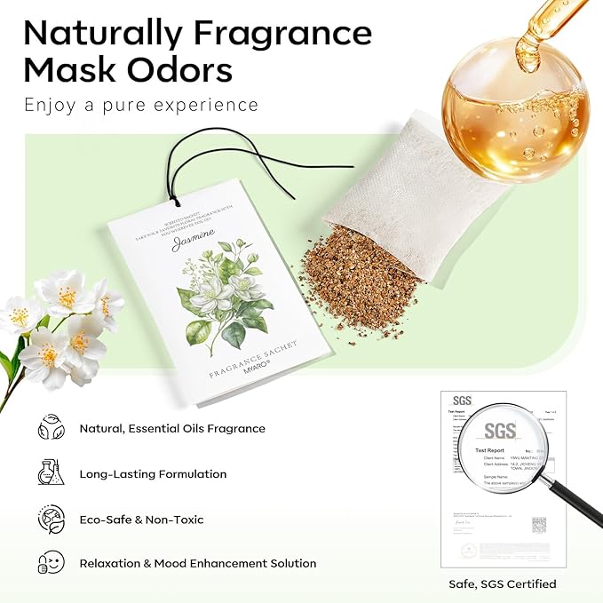 MYARO 12 Packs Jasmine Scented Sachets for Drawer and Closet, Long-Lasting Air Freshener Sachets Bags Drawer deodorizers Fresh Scents, Home Fragrance for Lover