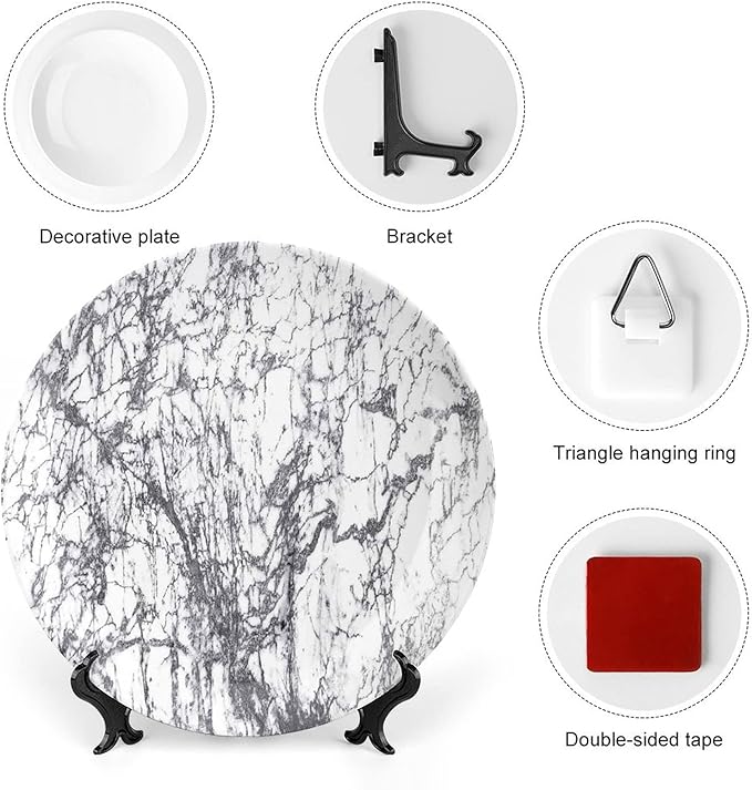 XISUNYA 6 Inch Decorative Plate, Marble Round Porcelain,Murky Marble Rock Motifs Dynamic Fractal Figures Abstract Print Ceramic Wall Hanging for Home Office Party Dinner Table Decor
