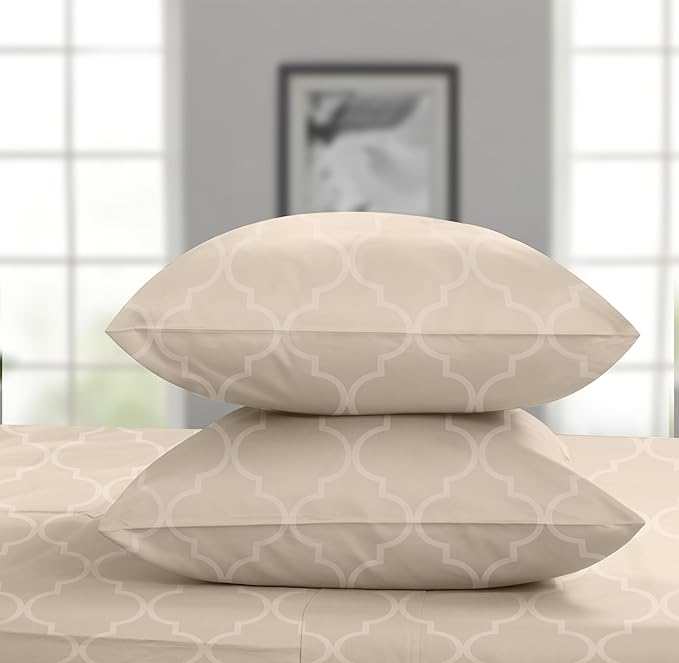 Threadmill 100% Cotton Sheets for King Size Bed | 4 Pc King Bed Sheets Set | Soft, Breathable Lightweight Damask Sateen for All-Season Use | Snug Fit Elastic Deep Pocket King Sheets | Beige