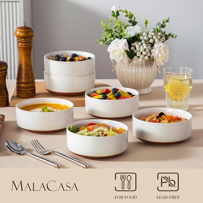 MALACASA Cereal Bowls Set of 6, 24 OZ Ceramic Bowls for Kitchen, Soup Bowl Breakfast Bowls, Dishwasher Microwave Safe, Khaki White, Series TARA