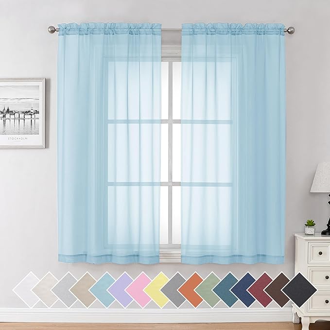 Aiyufeng 2 Pack: Basic Sky Blue Sheer Curtain Drapes 63 Inch Length 2 Panels for Living Room, Light Filtering Voile Drapes for Bedroom, Patio, Sliding Door, Each 40" W x 63" L