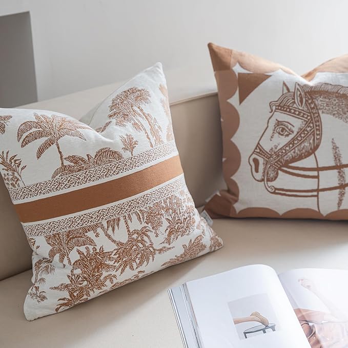 Premium Throw Pillow Covers 22x22 Inches - Jungle with Tawny Birch Palm Tree Chenille Jacquard Embroidery Decorative Couch Pillow Covers for Living Room Bedroom Sofa