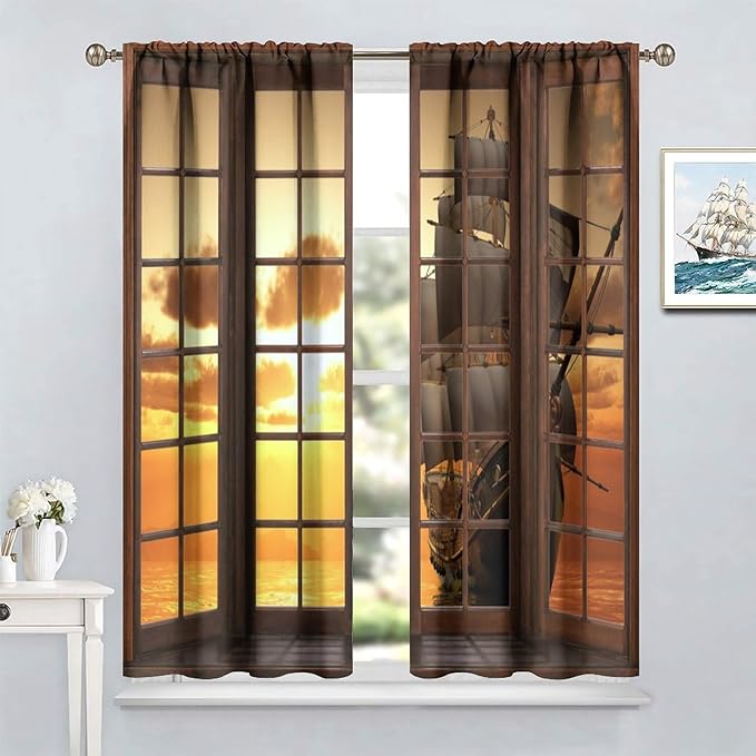 Retro Ship Curtains, Window View Sailing Boat Ship Schooner, Nautical Style Ocean Sunset Landscape Print Blackout Window Drapes for Boys Bedroom Living Room 63x63in