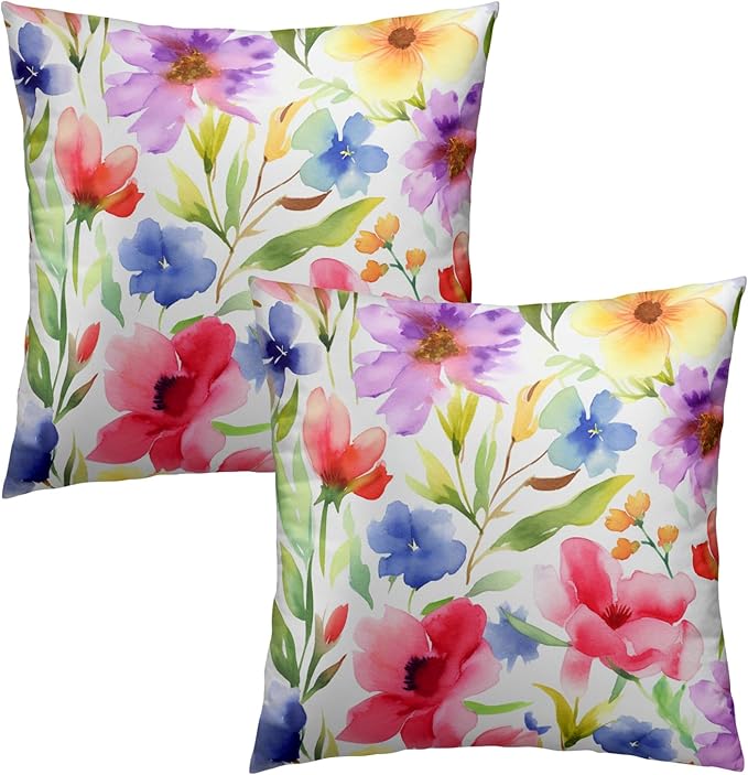 Spring Summer Throw Pillow Covers - Watercolor Flowers Pillow Covers 22x22 Inch Set of 2 Floral Pillowcase Botanical Blossom Cushion Cover for Couch Sofa Garden Patio
