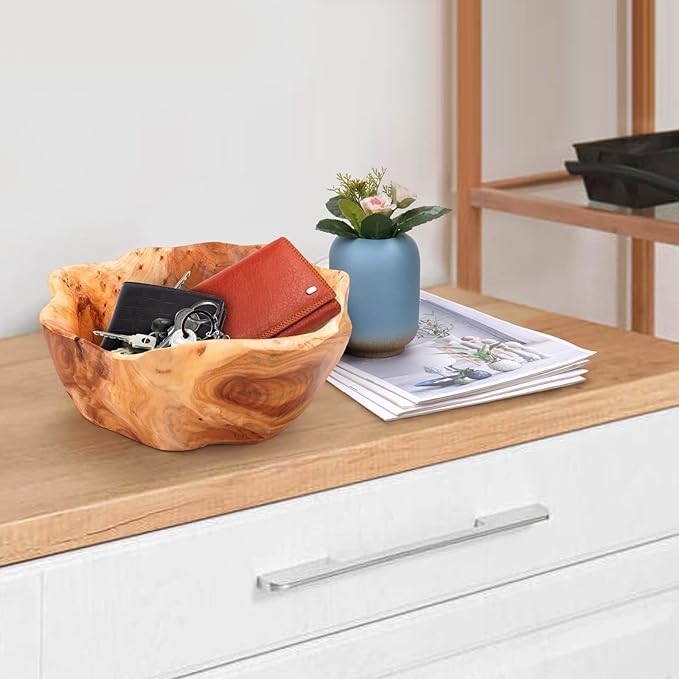 Wooden Bowl for Decor, Natural Shape Solid Wood Carved Fruit Bowl, Decorative Wooden Bowl for Table Centerpiece Office Home Decor, Multipurpose Candy Keys Serving Bowls (Small 8"-10")