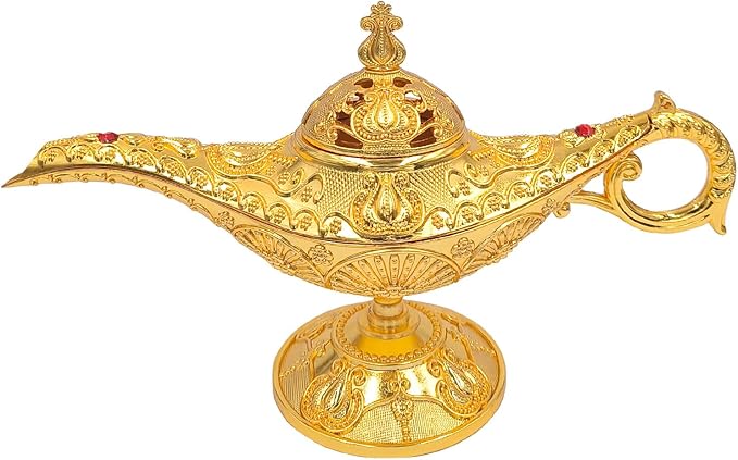 Vintage Aladdin Genie Lamp Cone Incense Holder,Legend Magic Lamp Incense Burner Arabian Costume Props,Wishing Light for Home Decor Birthday Party Wedding Gold
