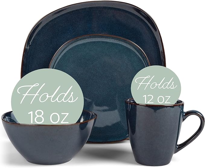 Elanze Designs 16-Piece Modern Luxury Chic Smooth Vintage Handmade Shape High Gloss Ceramic Stoneware Square Plate Mug & Bowl Kitchen Dinnerware 16 Piece Set - Service for 4, Navy Blue