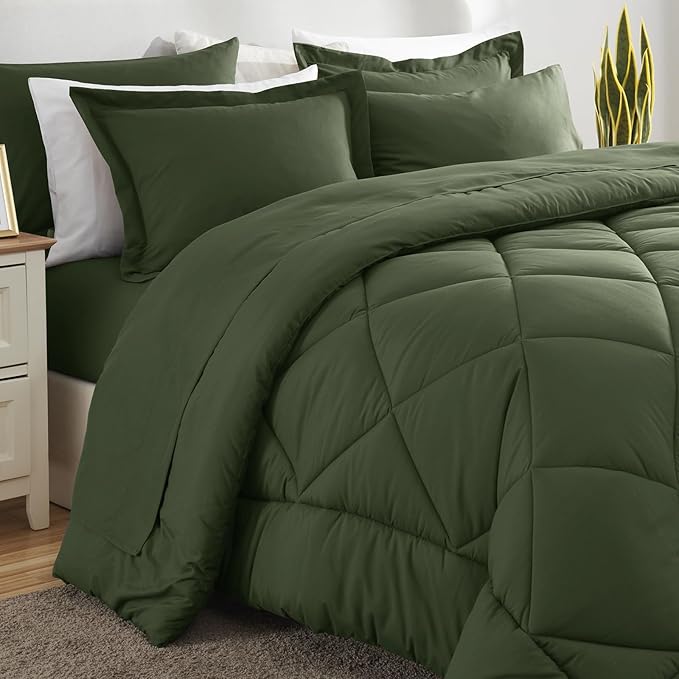 CozyLux Queen Comforter Set Olive Green - Bed in a Bag Queen Size 7 Pieces, Luxury Soft Bed Set for All Seasons, Bedding Set with Down Alternative Comforter, Sheets, Pillowcases & Shams