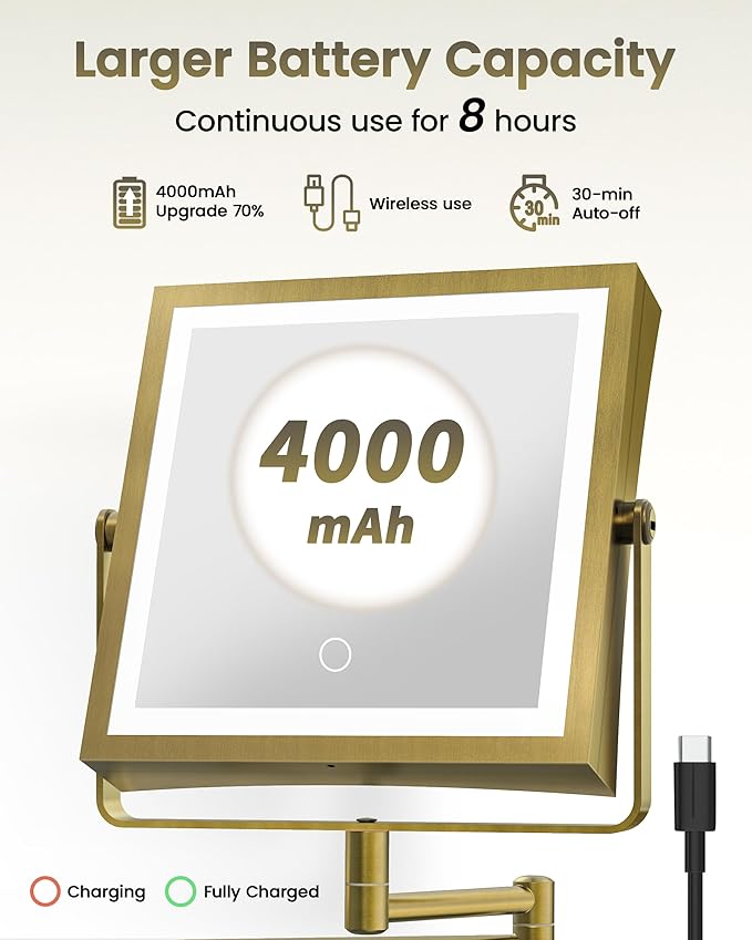 Rechargeable Wall Mounted Makeup Mirror with Lights, 4000mAh Double Sided 1X/10X Magnifying Vanity Mirror with 3 Color Lights, Touch Dimmable, 360° Extension Foldable Arm (Antique Brass)