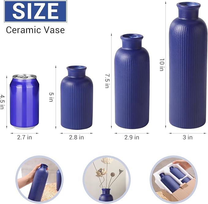 Small Navy Blue Ceramic Vase Set of 3, Boho Modern Navy Blue Flower Vase Room Decor, Farmhouse Decor, Vases for Your Kitchen, Bathroom, Bedroom, Living Room, Office&Shelf Centerpiece Table Decorations