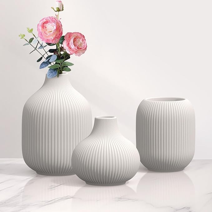 White Ceramic Vases Set of 3, Modern Minimalist Ribbed Vases for Centerpiece, Home Office Shelf Decor, Farmhouse Kitchen Bathroom Bedroom Living Room Decor