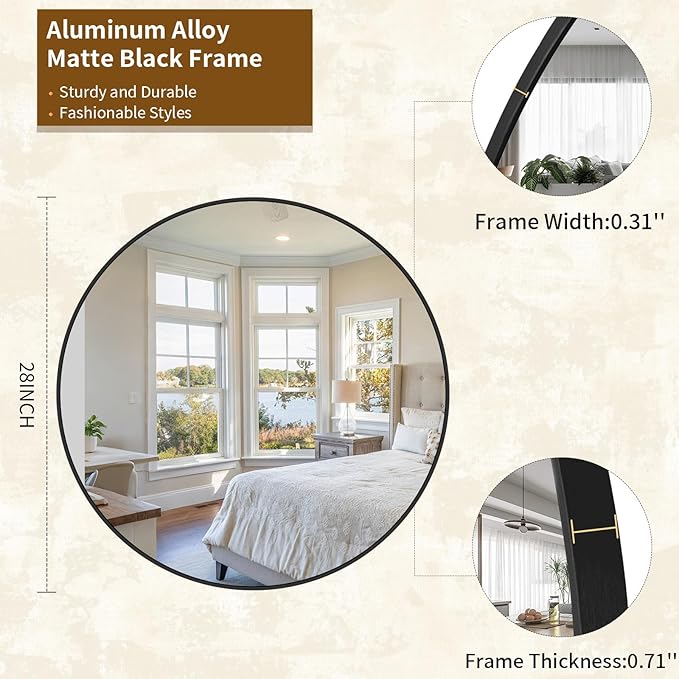 Round Mirror Wall Mounted Mirror - 28" Circle Mirror Bathroom Vanity Mirror with Aluminum Frame for Bedroom Living Room, Entryway Decor Black Mirror