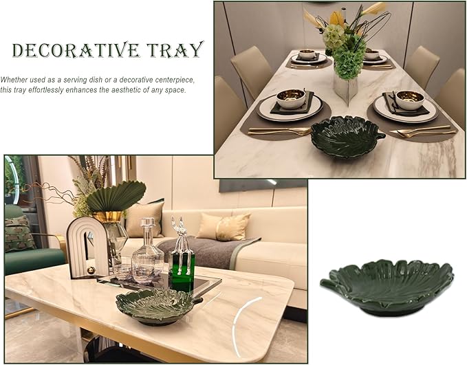 Green Decorative Tray Small Palm Leaf Style for Entryway Table Ceramic Leaf Tray for Kitchen Decor Cocktail Table Decoration