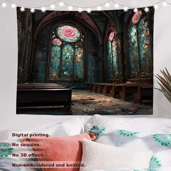 Batmerry Abandoned Chapel Tapestry, Stained Glass Roses Broken Pews Wall Art Hanging Decoration Polyester Fiber White Ruffled Around for Dorm Room Bedroom Living Room, 39.1x59.1 inches