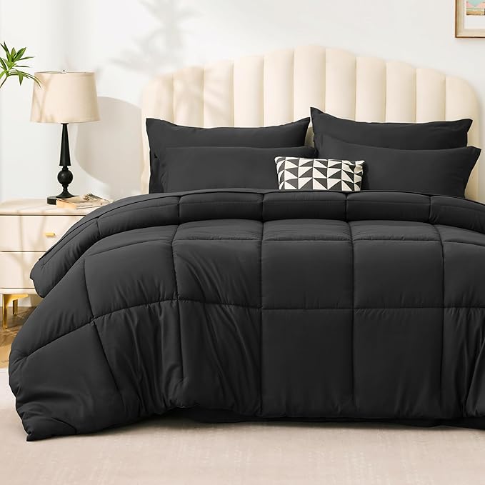 Love's cabin Queen Comforter Set Ash Black, 7 Pieces Queen Bed in a Bag, All Season Bedding Sets with 1 Comforter, 1 Flat Sheet, 1 Fitted Sheet, 2 Pillowcase and 2 Pillow Sham