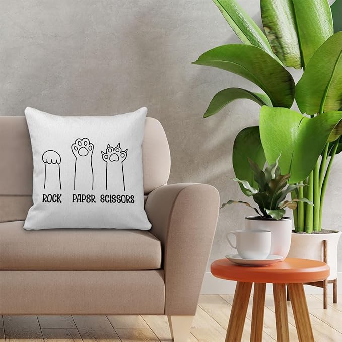 Funny Ca Pillow Covers 18x18, Cat Gifts for Cat Lovers, Crazy Cat Lady Gifts, Cat Decor for Cat Lovers, Cat Mom Gifts, Cat Owner Gifts - Rock Paper Scissors (White)