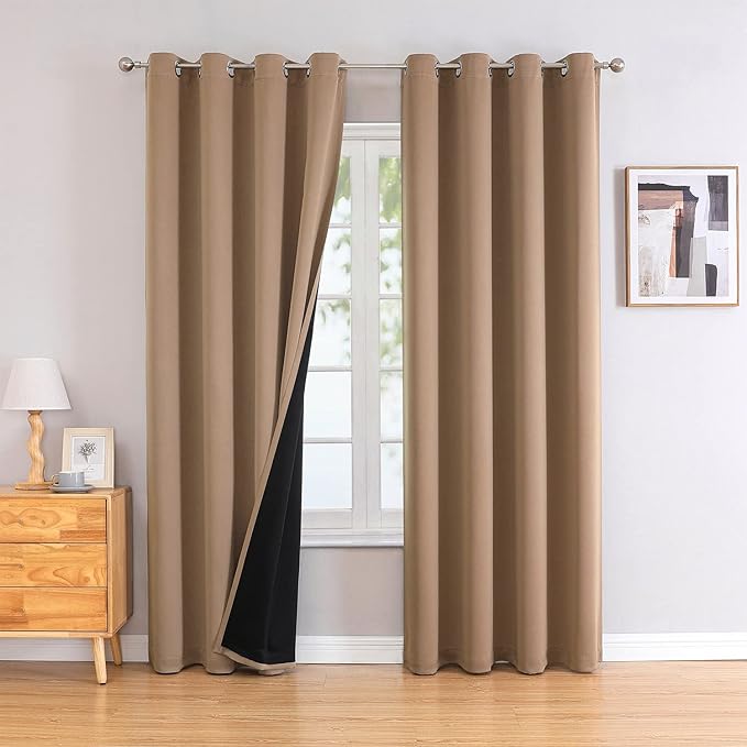 ChrisDowa 100% Blackout Curtains for Bedroom with Black Liner, 2 Thick Layers Total Blackout Thermal Insulated Grommet Window Curtains 2 Panels Set (Cappuccino, 52 x 72 Inch)