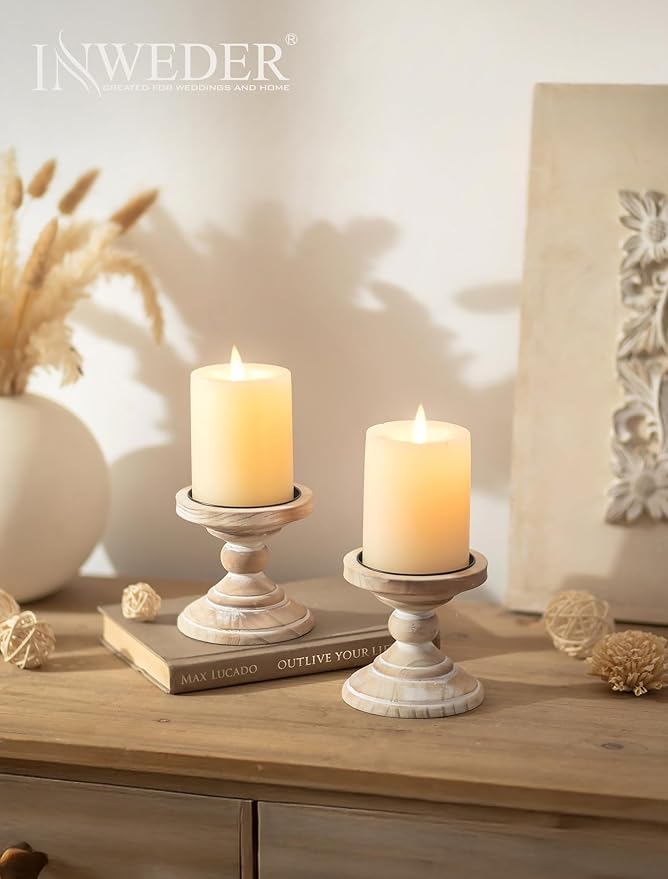 Wood Pillar Candle Holder: 2Pcs Rustic White Candle Holders for Pillar Candles Wood Candle Holders Distressed Wooden Farmhouse Candle Holder Large Rustic Candle Holder for Fireplace Table