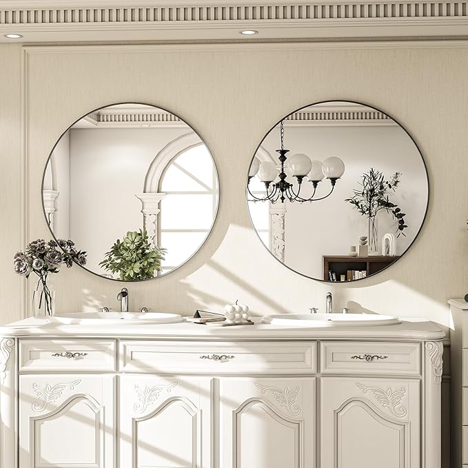 Round Mirror Wall Mounted Mirror - 28" Circle Mirror Bathroom Vanity Mirror with Aluminum Frame for Bedroom Living Room, Entryway Decor Black Mirror
