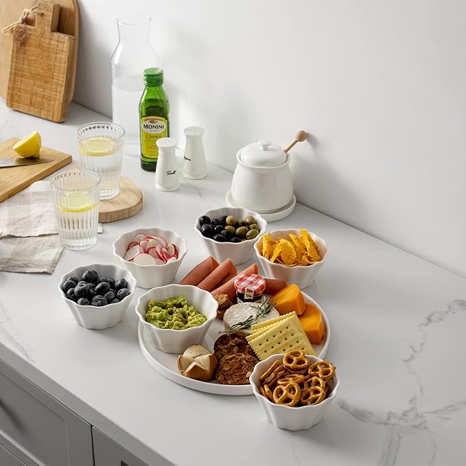 DOWAN Ramekins 8 oz Oven Safe, Creme Brulee Porcelain Ramekins for Baking, Flower-Shaped Custard Cups, Condiments Cups, Souffle Dish, Dipping Bowls, Set of 6, Soft White