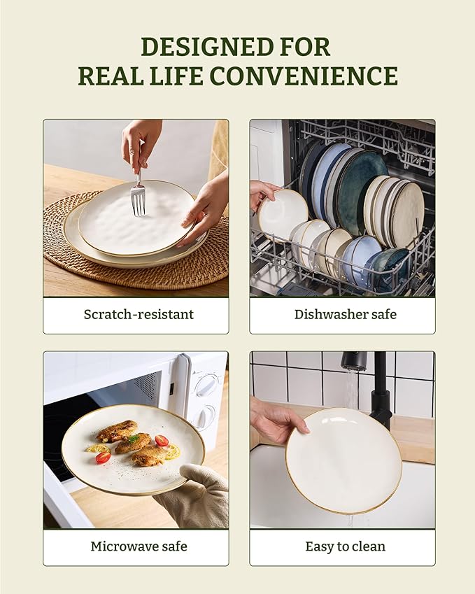Famiware Ocean Round Plates and Bowls Set, 18 Pieces Dinnerware Sets, Dishes Set for 6, Microwave and Dishwasher Safe, Scratch Resistant, Vanilla White