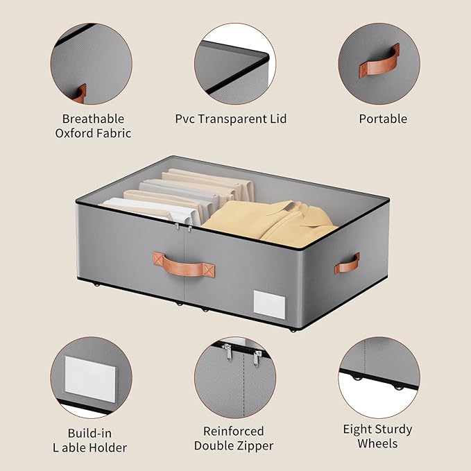Under bed Storage With Wheels,Large Capacity 10 inches Height Storage Bins,Rolling Under bed Shoe Storage Containers,Under bed Storage Drawers for clothes & blankets