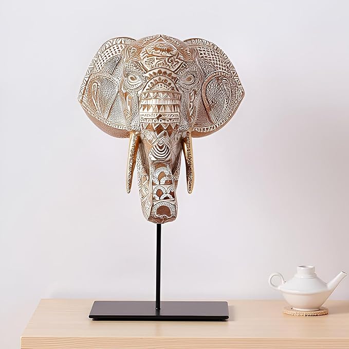 Elephant Head Statues Elephant-Shaped Decor Home Living Room Decor Sculpture Shelf Decorations Ornaments Office Figurine Desktop Accent Aesthetic Collectibles (White-Brown)