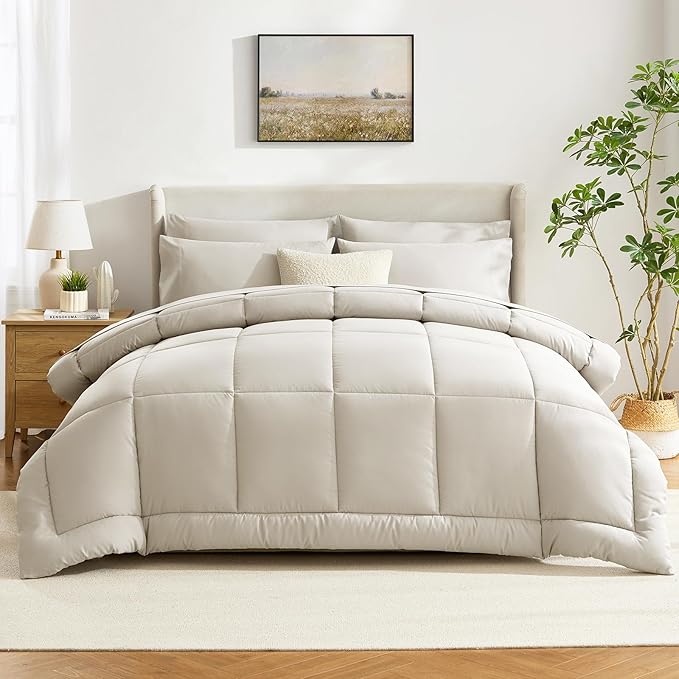 CozyLux Queen Comforter Set Beige, 7 Pieces Bed in a Bag, Beige Comforter Queen Size, All Season Bedding Sets with Stitch Quilted Comforter, Flat Sheet, Fitted Sheet, Pillowcases