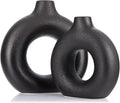 Matte Black Ceramics Vase for Home Decor,Minimalist Nordic Hollow Donut Vase Set of 2,Modern Boho Decor for Kitchen Table Centerpiece,Living Room,Fire Place,Bookshelf,Office,Entryway,Console