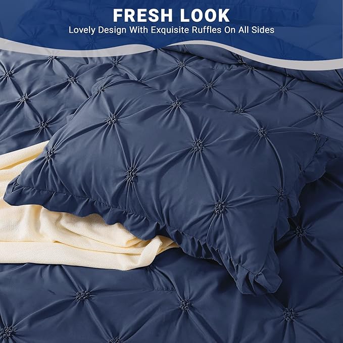 JOLLYVOGUE Navy Blue/Gray Twin Size Comforter Sets 5 Pieces, Pintuck Bed in a Bag Comforter Set for Bedroom, Bedding Comforter Sets with Comforter, Sheets,Ruffled Shams & Pillowcases