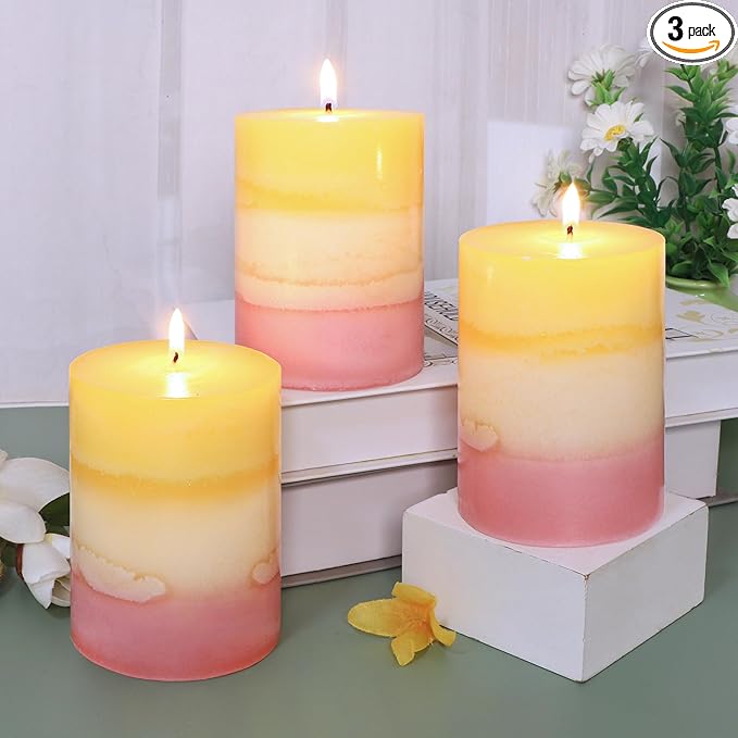 Sweet Scented Candles 3x4 Inch Pillar Candle Honeysuckle Scented Layered Yellow White Pink Aesthetic Decorative Candle for Living Room Bathroom Emergency Spa Aroma Birthday Gift Party Decor, Set of 3
