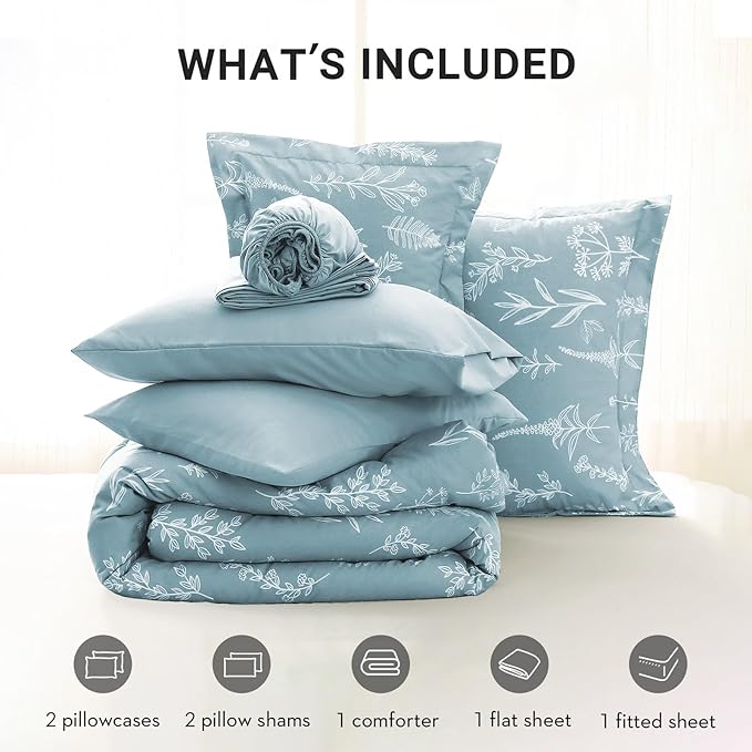 MUXHOMO Mineral Blue Cal King Comforter Set, Elegant Floral Print Bed in a Bag 7 Pieces, Ultra Soft & Breathable Reversible Botanical Pattern Bedding Set with Comforter, Sheets, Pillowcases, and Shams