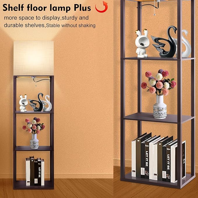 RUNTOP Plus - Floor Lamp with Shelves, Wide Shelf Lamp, Shelf Floor Lamp with 15W LED Bulb, 3 Colors Temperature, Memory Function, Large Display Storage, Standing Lamps for Living Room, Bedroom, Wood