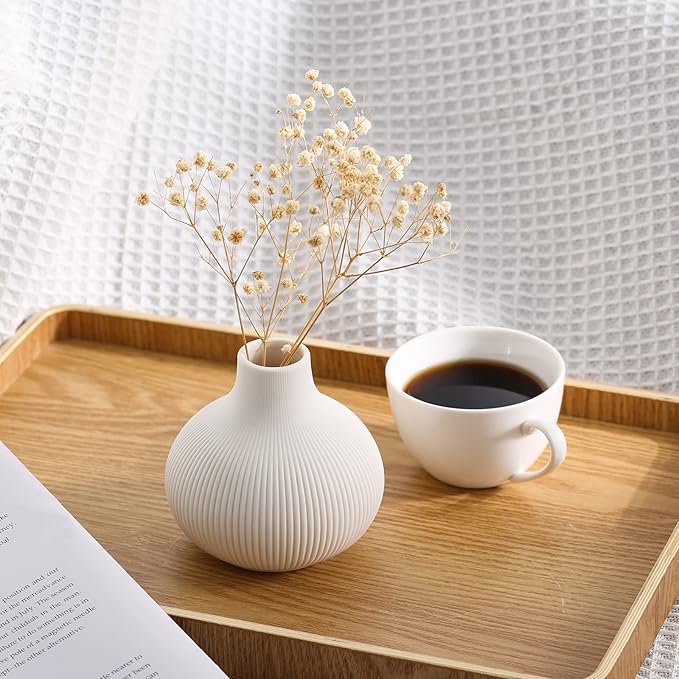White Ceramic Vases for Decor, Modern Minimalist Decorative Vase Set of 3, Neutral Small Ribbed Vases for Table Shelf Decor, Bookshelf Entryway Decoration Vase