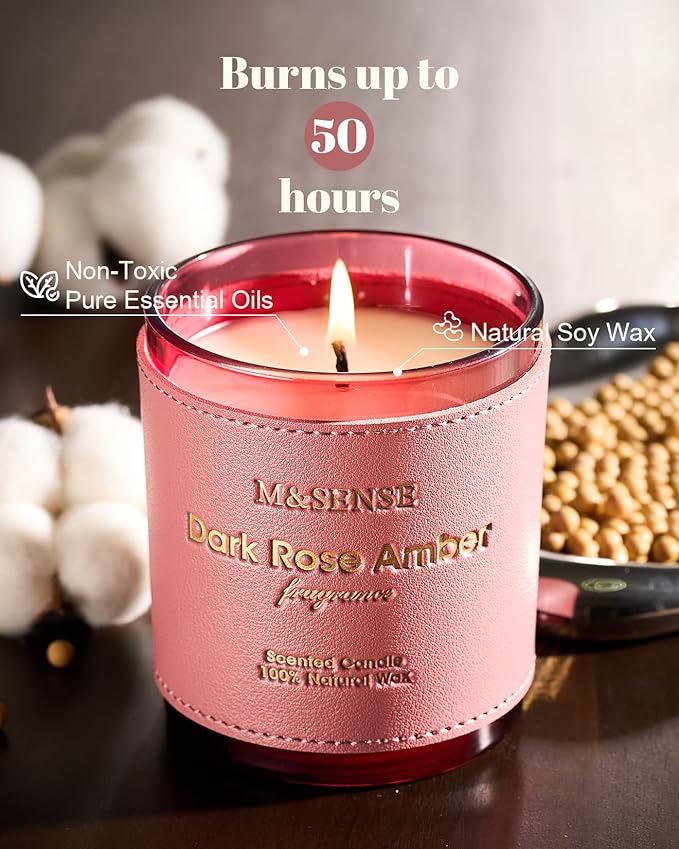 M&SENSE Rose Amber Scented Candles-Vegan Soy Wax, No Toxin 10oz 42-Hour Long Burning Time, Fall Relaxing Winter Aromatherapy Candle for Bathtub, Rooms, Date Night, Thanksgiving Christmas Fancy Gift