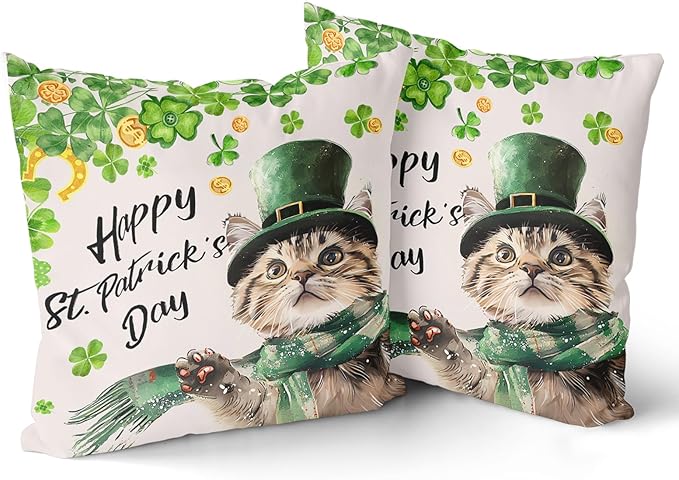 Giwawa Patrick Cat Throw Pillow Covers Set of 2, 16x16in Happy St Patrick's Day Kitten Decorative Square Pillow Cases, Clover Shamrock Soft Cotton Cushion Covers for Sofa Couch Bedding Decor