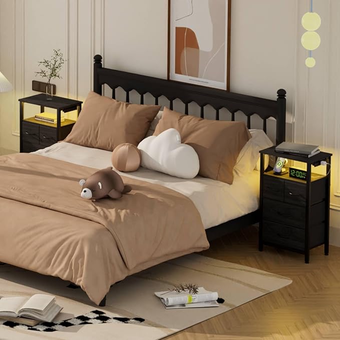 Furnulem Tall Night Stand with Charging Station and Led Light, Small Dresser with Open Shelf and 4 Storage Drawers, Black Side Table Fabric Nightstand for Bedroom, Entryway, Bedside Furniture