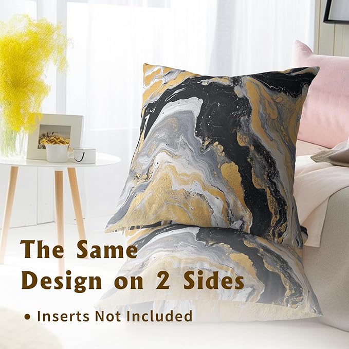 Black Yellow Marble Pillow Covers - Grey Silver Marbles Throw Pillow Covers Abstract Fluid Art Ink Pillowcases 18x18 Set of 2 Decorative for Couch Sofa Car Bedroom
