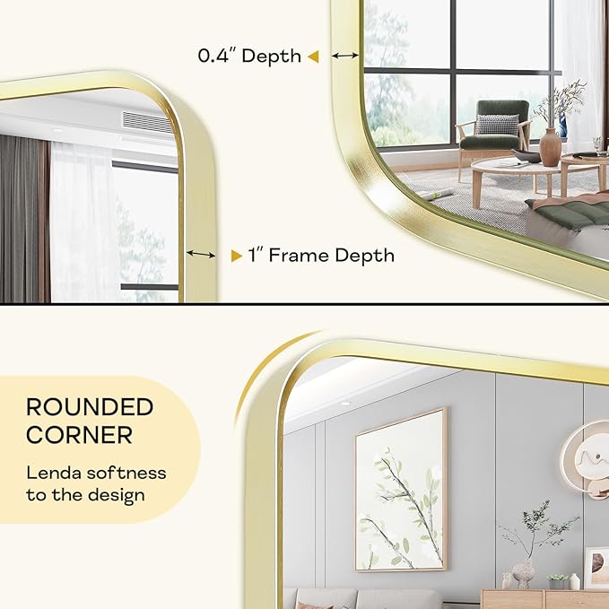 Wall Mount Mirror for Bathroom, Brushed Gold Metal Framed Rounded Corner Rectangular Vanity Mirror (24" x 30", Gold)