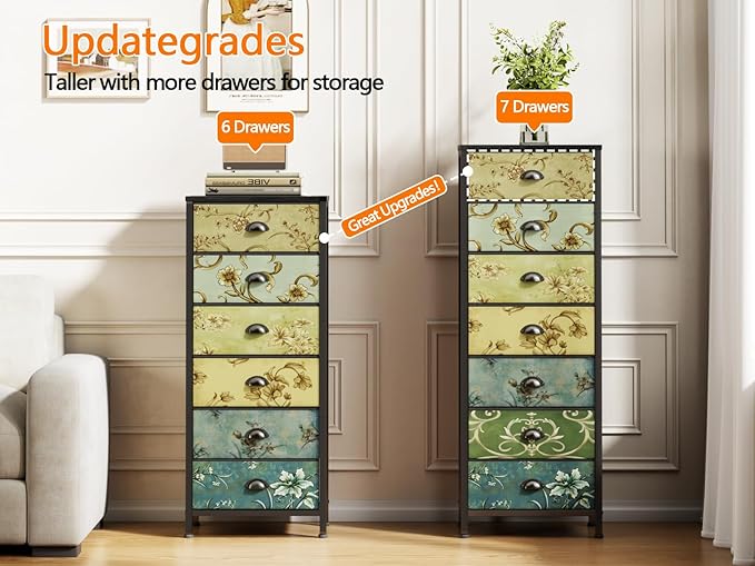 Furnulem Tall Dresser for Bedroom with 7 Fabric Drawers, Vintage Dressers & Chest of Drawers, Vertical Storage Tower Organizer Unit Retro Bedside Furniture in Closet,Living Room,Nusery,Dorm,Entryway