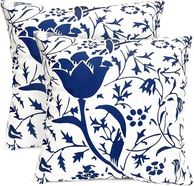 Decorative Throw Pillow Covers Set of 2 Blue Pillow Covers 18x18 inch Short Plush Couch Pillow Cases Floral Throw Pillows,Farmhouse Outdoor Pillow Covers for Sofa Living Room Cushion Covers