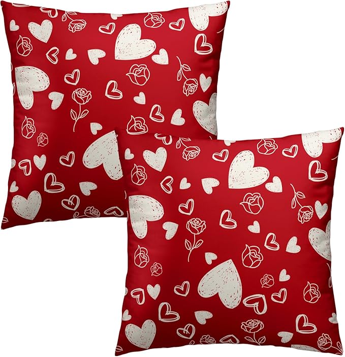 Valentines Pillow Cover - Red Hearts Throw Pillow Covers 16x16 Set of 2 Rose Flower Decorative Pillowcases for Couch Sofa Bedroom