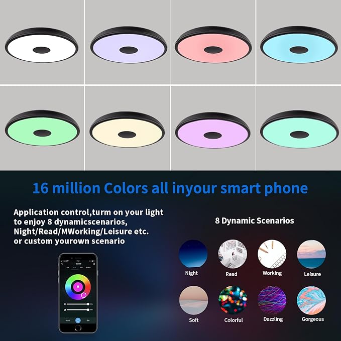 Black Smart Waterproof LED Flush Mount Ceiling Light Fixture,18W,with Bluetooth Speaker,RGB Color Changing Function-Dimmable Lamp,Tuya Application Control-Compatible with Alexa Google Home