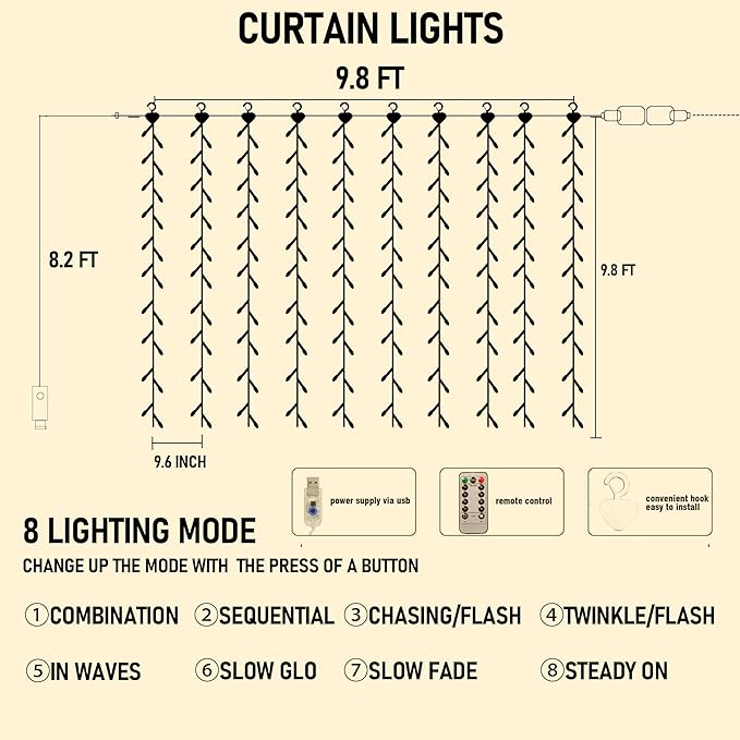 FUNPENY Window Curtain String Lights, 300 LED 8 Lighting Modes Fairy Lights USB Powered, Waterproof Lights for Christmas Bedroom Party Wedding Home Garden Wall Decorations, Warm White