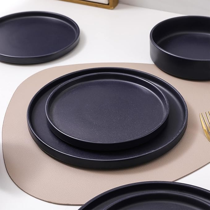 Stone Lain Cleo Modern Stoneware 16-Piece Dinnerware Set, Plates and Bowls Set, Dish Set Service For 4, Dark Blue