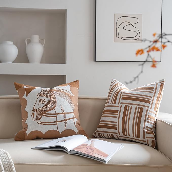 Premium Throw Pillow Covers 20x20 Inches - Tawny Birch Horse Chenille Jacquard Embroidery Decorative Couch Pillow Covers for Living Room Bedroom Sofa Home Décor