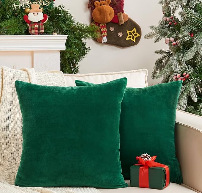Pack of 2 Christmas Green Pillow Covers 16x16 Inch Decorative Throw Pillow Cover, Velvet Emerald Pillowcases for Couch Sofa Bed, Home Boho Decor, Modern Soft Cushion Covers